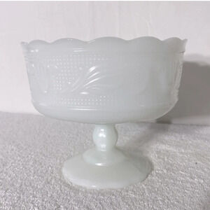 Vintage E.O. Brody Milk Glass Floral Compote Footed  Scallop Edge Goblet Dish